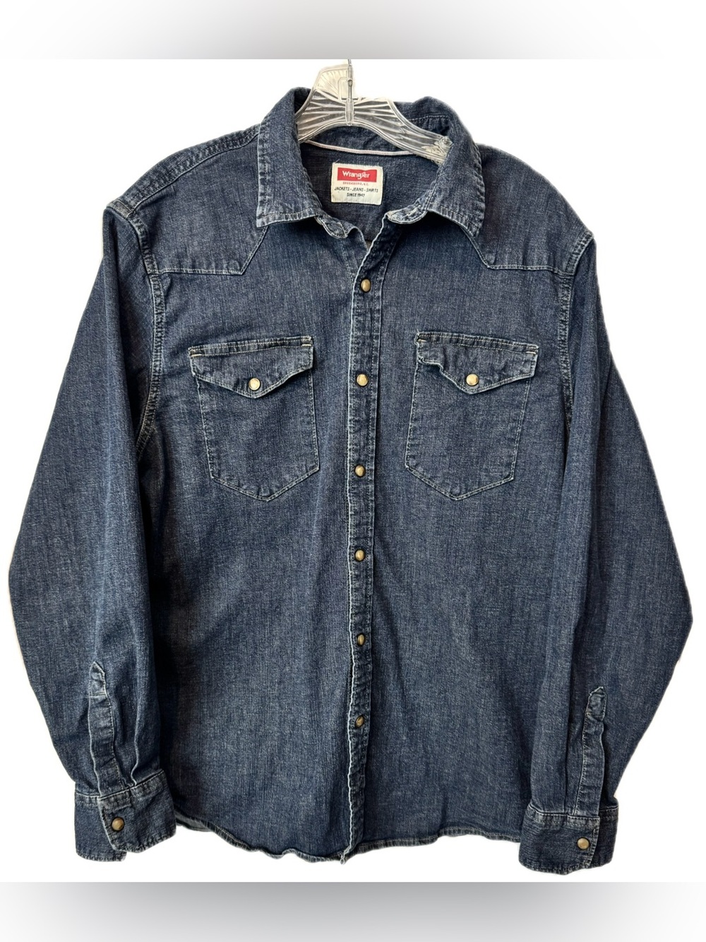 Wrangler Men's L Western Denim Snap Shirt Blue Pearl Snap Cowboy Ranch Workwear